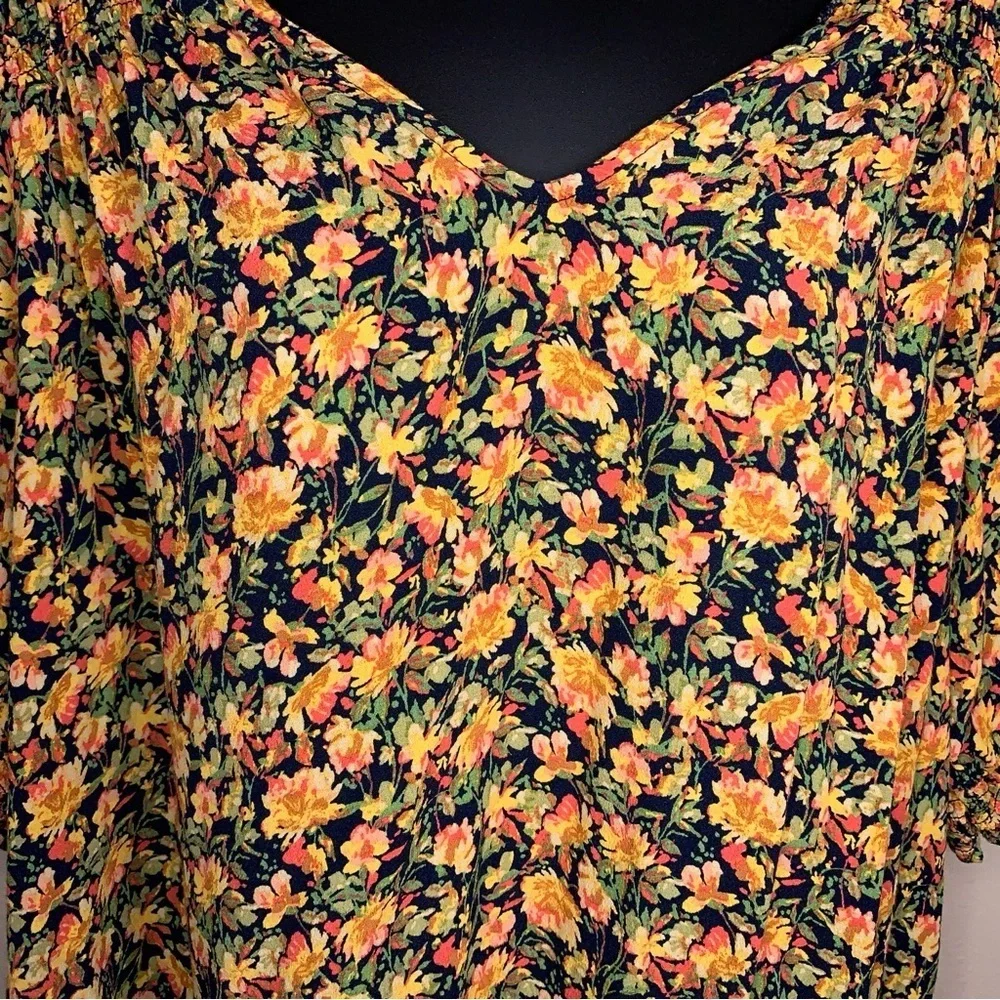 1X Terra And Sky Colorful Floral Peasant Top Orange Yellow Black Sweetheart Neck